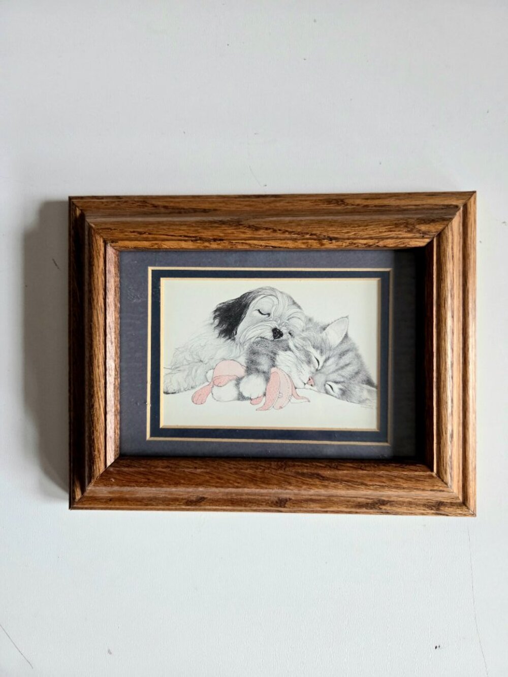 Signed by Virginia Miller framed art. Cat and dog sleeping.